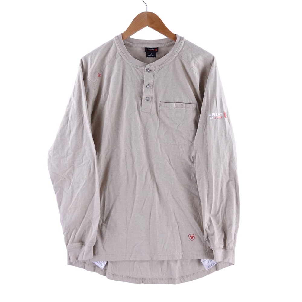 Ariat FR Mens Large Khaki Tan Flame Resistant Long Sleeve Henley Work Shirt CAT2